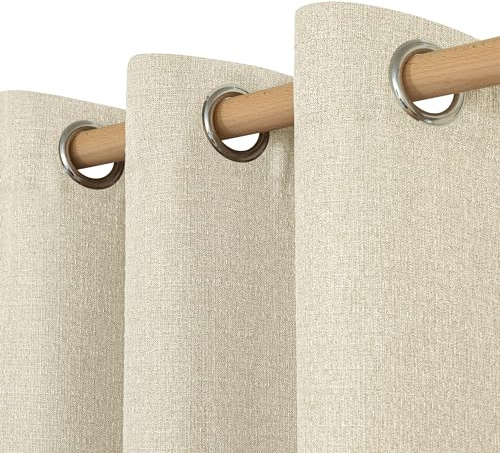 LAMIT Linen Curtains 84 inch Length 2 Panels, Grommet Thick Soft Light Filtering Curtains Privacy Living Room Window Drapes for Bedroom/Farmhouse, W52 x L84, Natural Beige