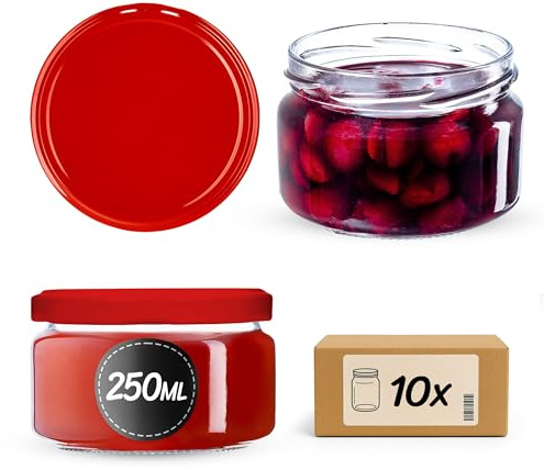 KADAX Små glasburkar på 250 ml, syltburkar med lock, lufttäta burkar att ge bort, miniglas för honung och kryddor (10 st., röda)