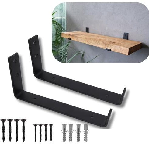 Lang Horn 2 X Heavy Duty Shelf Brackets for Shelves, Shelf Bracket for Scaffold Board Shelving - Strong Industrial Style, Made from 5mm Steel - 225x40mm (2, Black)