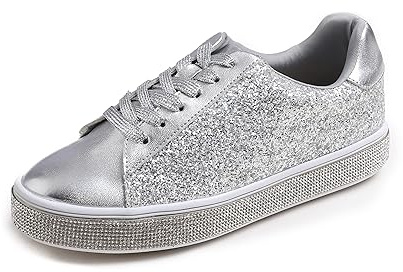 FEVERSOLE Dammode gnistrande plattform strass fest semester bröllop sneakers, Is Silver Glitter, 38.5 EU