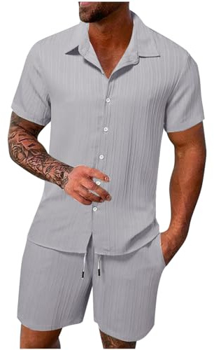 HAOLEI Mens Cotton Linen Shorts and Shirt Sets UK Sale Clearance Tracksuit Set Summer Co Ord Sets Short Sleeve Button Down Shirts & Shorts with Pockets 2 Piece Outfits Vacation Beach Wedding Suits