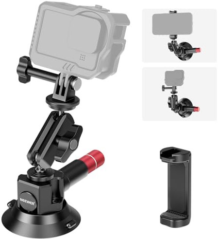 NEEWER Soporte de cámara con ventosa de 3 pulgadas con brazo mágico de cabeza esférica, agujeros ARRI de 1/4 pulgadas, soporte de coche de liberación rápida con soporte y adaptador de cámara de acción