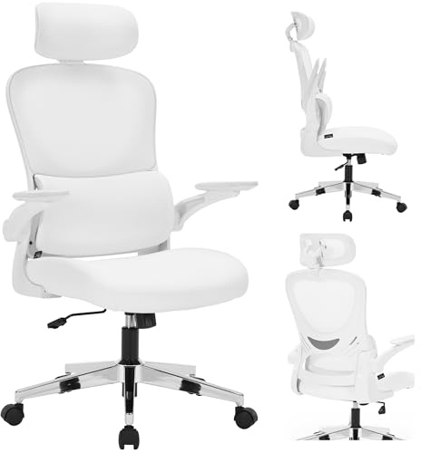 Nyxi Office Chair Ergonomic Computer Desk, Work & Study Chair, Executive High Mesh Back, Foldable 3D Armrests, Lumbar Support, Adjustable Headrest, Swivel, Silver Metal Base (White, Model 782)