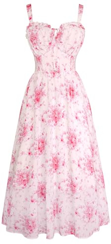 SCARLET DARKNESS Robe d'été solaire décontractée pour femme coupe évasée sans manches à bretelles spaghetti motif floral pour la plage, motif floral rose, L