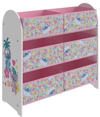 Disney Stitch Kids Toy Storage Unit with 6 Fabric Cube Boxes – 3 Tier Lilo and Stitch Bedroom Organiser for Children, Officially Licensed Pink Floral Nursery Playroom Shelf for Toys, Books, Clothes