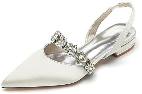 GYYZAYH Women's Slip-on Satin Bridal Flat Shoes Slingback Pointed Toe Wedding Dress Shoes for Parties,Ivory,10 UK