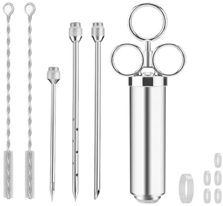 Jarcynious Siringa per Carne 60 ml, Siringa per Marinatura in Acciaio Inossidabile con 3 Aghi e 2 Spazzole di Pulizia, Condimento Facile da Caricare, Iniettore Alimentare per Manzo, Pollo, Maiale