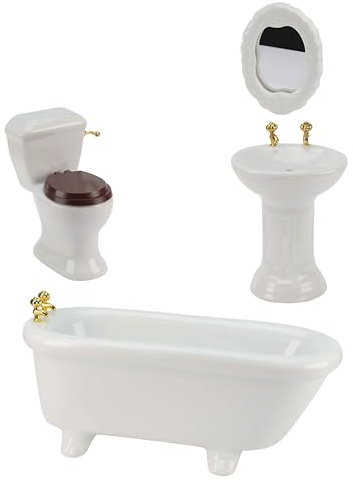 Waldosia 1:12 Scale White Porcelain Dollhouse Bathroom Set – 4-Piece Miniature Furniture with Bathtub, Pedestal Sink, Toilet & Mirror