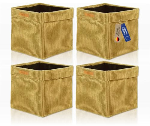 Lycce Kallax Boxen Cordstoff 4er Set | faltbare Aufbewahrungsboxen 33 x 33 x H31 cm mit abnehmbarem Cordbezug waschbar | Ordnungsboxen passend für Kallax Regal | senf