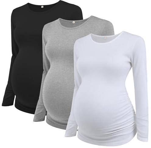 Love2Mi Paquete de 3 camisetas de maternidad de manga larga para mujer, favorecedoras y fruncidas laterales, negro/blanco/gris, L