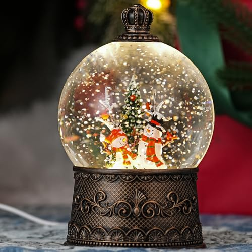 Snow Globe with Snowman, Light Up Christmas Snow Globes with Music Timer - USB Plug or Battery Operated Glitter Globe Indoor Christmas Decorations