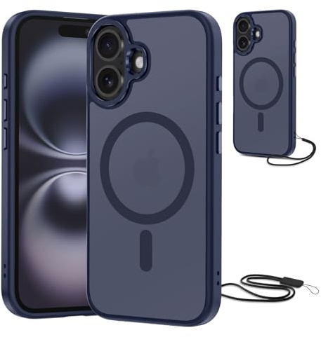 NEW'C Magnétique Coque pour iPhone 16 (6,1 Pouces), Compatible avec MagSafe Antichoc Ultime avec Cordon – Magnétisme Puissant et Protection Militaire -Etui Translucide Mat - Bleu