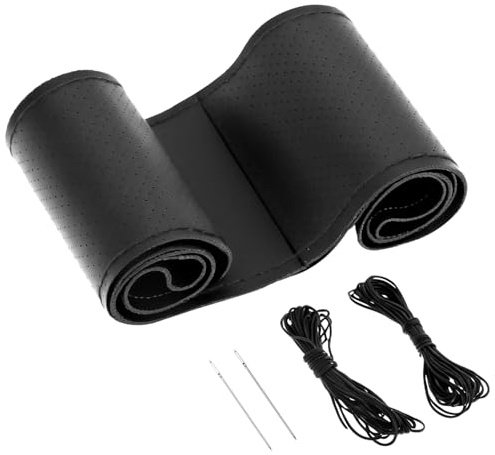 QWORK® Coprivolante in vera pelle, coprivolante da cucire, traspirante, universale per volanti da 37-39 cm - Nero
