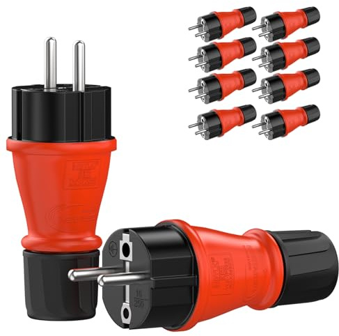 RedStar24 Spina Schuko da 230 V, IP54, set da 10 pezzi, robusta spina con contatto di protezione in gomma e plastica, nero e rosso, design ermetico, perfetta per esterni, spina di alimentazione a 3