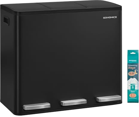 SONGMICS Pedalhink för Källsortering, 3 Fack, 3 x 18 L, Stål | Soptunna, 3 x 18 L, Mjukstängande Lock, Inkl. 15 Soppåsar, 62 x 35,3 x 54 cm, Svart, PARY Kollektion LTB254BZ02
