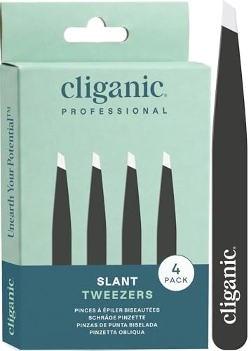 Cliganic Professional Eyebrow Tweezers Slant Tip - Precision for Men & Women, Stainless Steel Best for Plucking Chin Facial Hair (Black, 4 Pack)