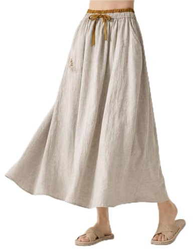 DVDVBOOM Linen Skirt for Women Midi Skirt with Pockets Elastic Waist Drawstring Cotton Linen Blend A Line Summer Casual Flowy