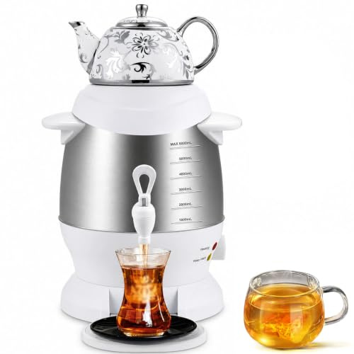 Turkisk tebryggare, 1 800 W elektrisk turkisk samovar med 5 l rostfritt stål och 1 l keramisk tekanna, håller värmen, för kaffe, doftte, turkiskt te vit