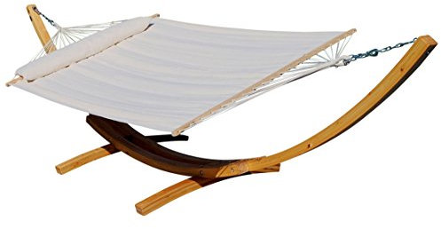 ALEOS. AS-S 410cm XXL Hängemattengestell Natur-Filled Edition Creme Hängematte mit Gestell aus Holz Lärche mit Stabhängematte (GEPOLSTERT) inkl. Kopfkissen