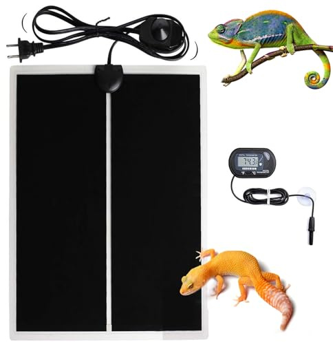 MQ Reptile Terrarium Heat Pad with LCD Digital Aquarium Thermometer, 6 x 11in Power Adjustment Under Tank Heater Mat for Pets, Small Animals, Seedling, 7W