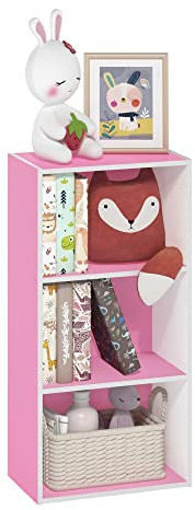 Furinno LUDER Book Shelf, 3-Tier Modern Bookshelf, Open Shelves Bookcase 9.3 x 16 x 31.4, for Living Room, Bedroom, Home Office, Pink/White