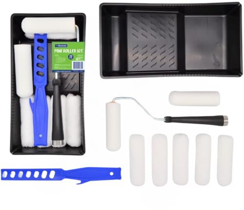 ProRenovator Paint Roller Set, 5X 4 Fabric Roller Sleeves, 2X 4 Foam Paint Roller, 1x Small Paint Roller and Tray, 1x Paint Stirrer, Mini Roller for Painting, Wall Painting Set, Pack of 10