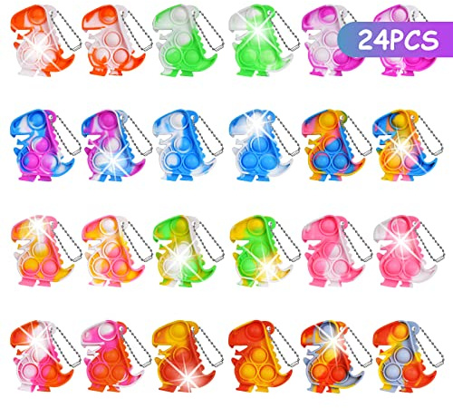 Ainiv Pop Push It Fidgetleksak, 24 st. dinosauriefigurer på mininyckelring, anti-stress, sensorisk fidgetleksak med nyckelring, bubbelleksak för autister, för ADHD, klämleksaker