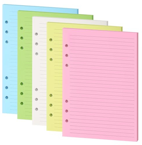 Mafegu Lined Refill Paper, A5 Planner Inserts, Colorful Ruled Journal Fillers for 6-Ring Binder,5-color 120 GSM Thick Loose Leaf Paper,50 Sheets/100 Pages(50, A5（8.26x5.6in）)
