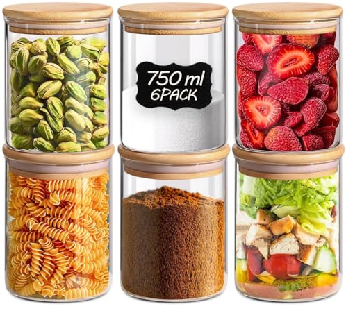 ComSaf 750ml Glass Food Storage Jars Set of 6, Clear Glass Storage Containers with Bamboo Lids, Pantry Organization Jar, Spice, Tea, Coffee and Sugar Container, Small Canister Set for Kitchen