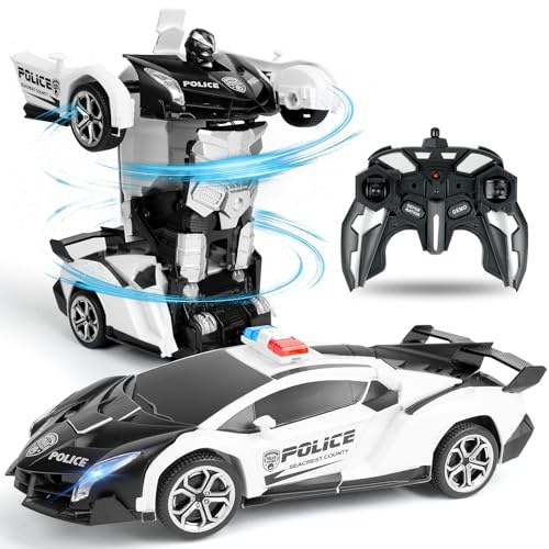 HOTUT Voiture télécommandée transformable pour garçons de 3, 4, 5, 6, 7, 8 ans, cadeaux d'anniversaire, robot de déformation 2,4 GHz, véhicule de police télécommandé, rotation à 360°, véhicule RC 2 en