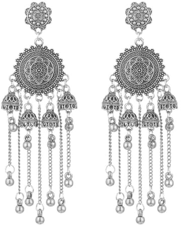 Bollywood Boucles d'Oreilles Indiennes Traditionnelles Ethniques En Perles Jhumka Jhumki Pour Femmes Et Filles, Perles Bohémiennes, Longues Pampilles Pendantes,Cloches Tribales,Bijoux Cadeau (Argent)
