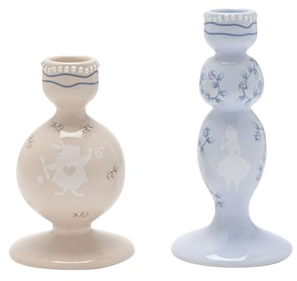 Disney - Alice In Wonderland - Set of 2 Taper Candle Holders - Cheshire Cat & Roses Motif - Decor and Homeware for Movie Lovers, Bedroom, Kitchen, Bathroom & Dining Room. H:15cm x W:8cm x D:8cm.