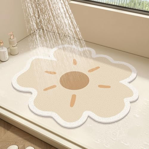 Tappetino da doccia rotondo con fiore, per doccia interna, tappetino da bagno in luffa in PVC, tappetino da bagno antiscivolo anti-muffa con scarico, ad asciugatura rapida (beige, 50 x 50 cm)