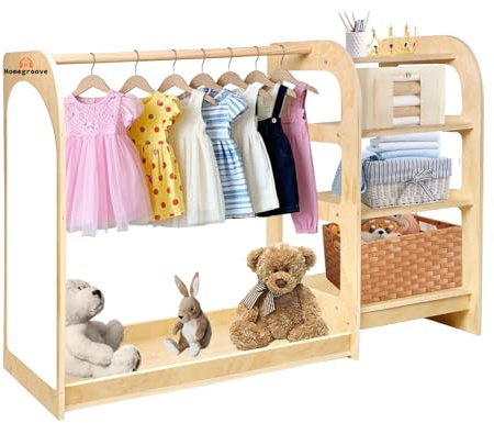 homegroove Kids Dress Up Storage with Mirror, 31.5 Inch Kids Wardrobe Closet with Storage Shelf for Little Girls and Boys, Wooden Costume Organizer for Bedroom Classroom Playroom Furniture