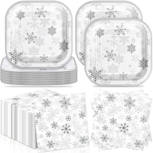 Potchen 160 Pcs Winter Silver Snowflake Paper Plates and Napkins Set 9 Inch Disposable Winter Wonderland Dinner Plates and Napkins Party Supplies Snowflake Dinnerware for Holiday Party Decoration