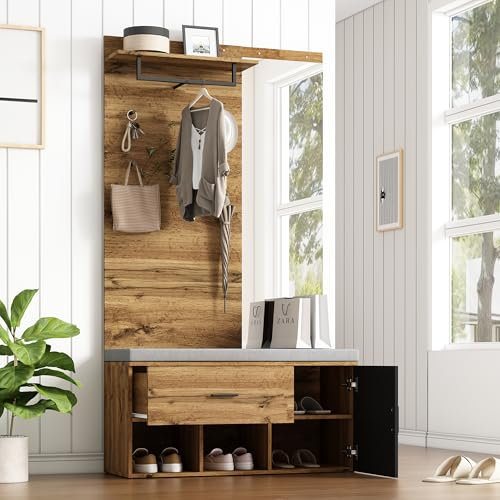 Merax Garderobe Set, Garderobenschrank Flur, Garderobe mit Sitzbank und Spiegel, Holz Garderobenset mit Schuhschrank, Schublade, Regal, 104 x 190 x 39 cm (B/H/T), Eiche