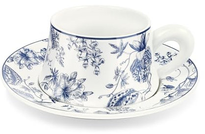 fanquare Juegos de Tazas de Café y Platillo 260 ml, Juegos de Tazas de Café Florales Azules, Tazas de Té de Porcelana Retro, Tazas de Cappuccino de Porcelana para Café Latte Moca o Té