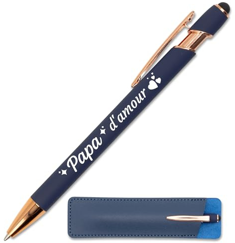 StarMaker Stylo gravé Papa d'amour, Bleu profond cuivré avec étui cuir - Stylo en métal tactile 2 en 1 - Idée cadeau fête des pères original