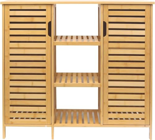 RoyalHouse Bamboo Floor Cabinet with 2 Shutter Doors and 3 Open Shelves, Freestanding Organizer for Bathroom, Kitchen, Living Room, Eco-Friendly and Durable, Brown