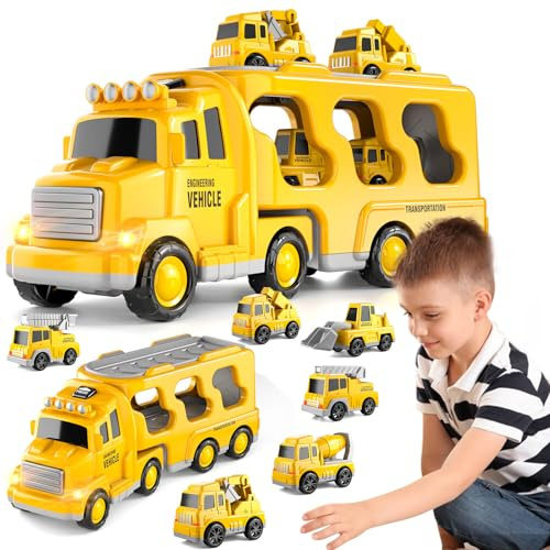 BLmucke 7-in-1 Construction Truck Toys for Boys, Toddler Engine Car Trucks Set for Kids Ages 1 2 3 4 5, Friction Powered Vehicle Set with Lights and Sound, Birthday Gift for Girls 2-6 Years Old