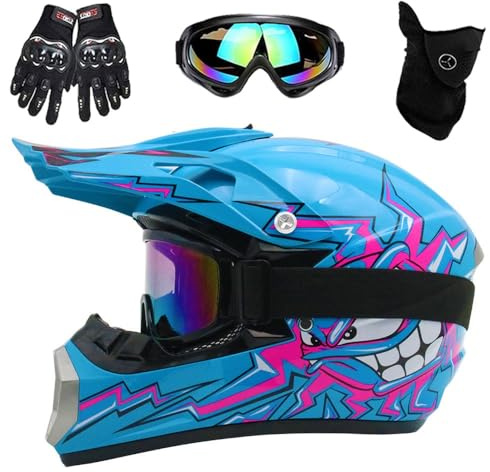 Casque de Moto, Casque de Motocross Pour Jeunes Enfants, Homologué DOT, Casque de Course Universel Quatre Saisons Avec Gants, Lunettes, Masque, Ensemble de 4 PièCes(126 Blue Moon,M(54-55cm))