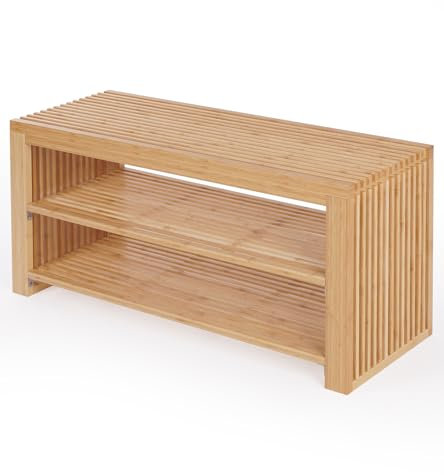 BAM BOO BOX Schuhbank mit Sitzfläche aus Bambus – Schuhregal schmal mit 2 Ebenen für 6 Paar Schuhe – platzsparender Schuhschrank für Flur & Garderobe – Sitzbank mit Stauraum
