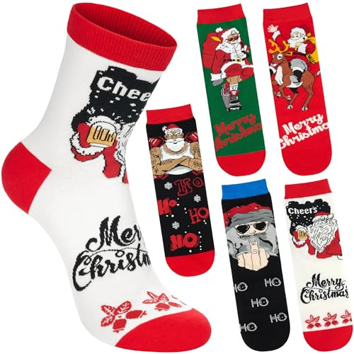 BRUBAKER 5 Par Julsockor för Herrar - Cool Jultomte med Fingret, Öl, Muskler och Skateboard - Roliga Herrstrumpor för Julen - Färgglada Bomullstrumpor - Perfekt Present till Män - Storlek 41-45