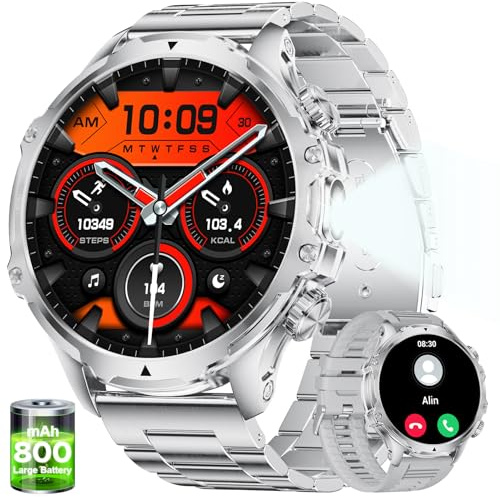 SUNKTA Orologio da uomo militare, batteria da 800 mAh, 1,85 pollici, con display HD con torcia/100+ modalità sportive, IP68, impermeabile, orologio fitness con spO2/frequenza cardiaca, monitor del