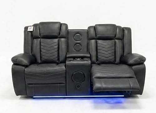 Michigan Cinema Leather Electric Recliner Sofa With Cupholders – 3+2 Seater Sofa Set – LED Lights – Bluetooth Speakers – USB and Type-C charging ports - Wireless Charging (Black, 2 Seater)