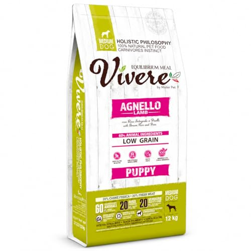 Vivere Puppy Medium Crocchette Cucciolo con Agnello, Mangime Secco Low Grain Gluten Free per Cani Cuccioli Taglia Media, Alimento Completo con Omega 3, Prebiotici, Frutta ed Erbe, 12 kg