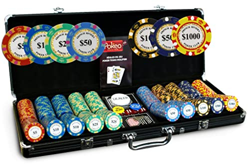 FRENCH RIVIERA Malette Poker 500 Jetons Gold + 2 Jeux de Cartes + Bouton Dealer - Poker Set de 500 Jeton de Poker (avec Valeur) - Jeu de Poker avec 500 jetons de Poker - Mallette Poker