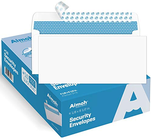 Aimoh 500#10 Security Self Seal Envelopes, Windowless, Premium Security Tint Pattern, Ultra Strong Quick Seal Closure, EnveGuard, Size 4-1/8 x 9-1/2, White, 24LB, 500 Count(34010)