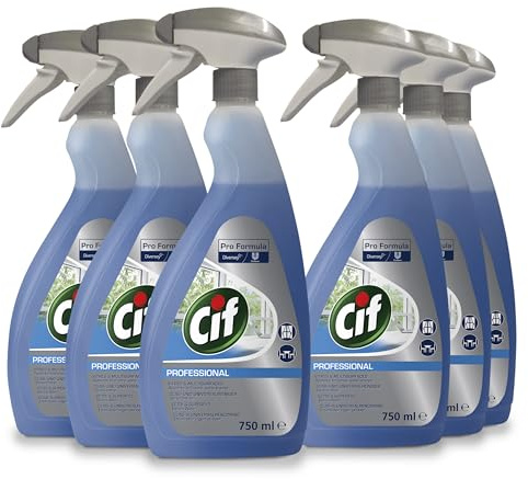 Cif Pro Formula Glasreiniger 750 ml (6er Pack) – Professioneller Glasreiniger & Fensterreiniger für streifenfreie Sauberkeit, schnelle Trocknung – Fensterputzmittel für Gewerbe & Haushalt