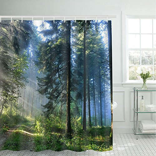 Alishomtll Wald Duschvorhang, Grün Antischimmel Duschvorhänge Textil Wasserdicht Shower Curtains Badewanne Waschbar mit 12 Haken, 180x200 cm